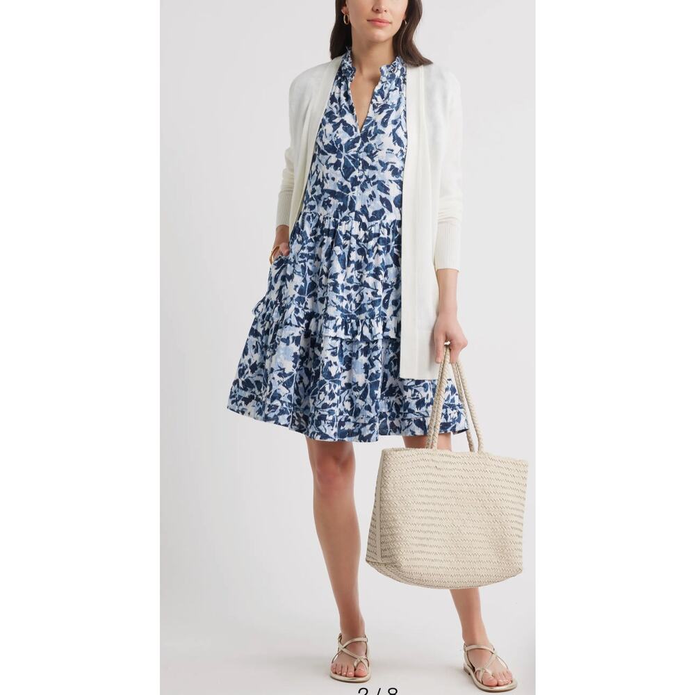 Caslon Ruffle Duo Cotton Gauze Dress Navy White Brushed Bloom Preppy Boho M